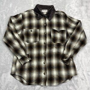 Vtg EXcellent Shirt Mens Large Brown Plaid Long Sleeve Corduroy Collar Button Up